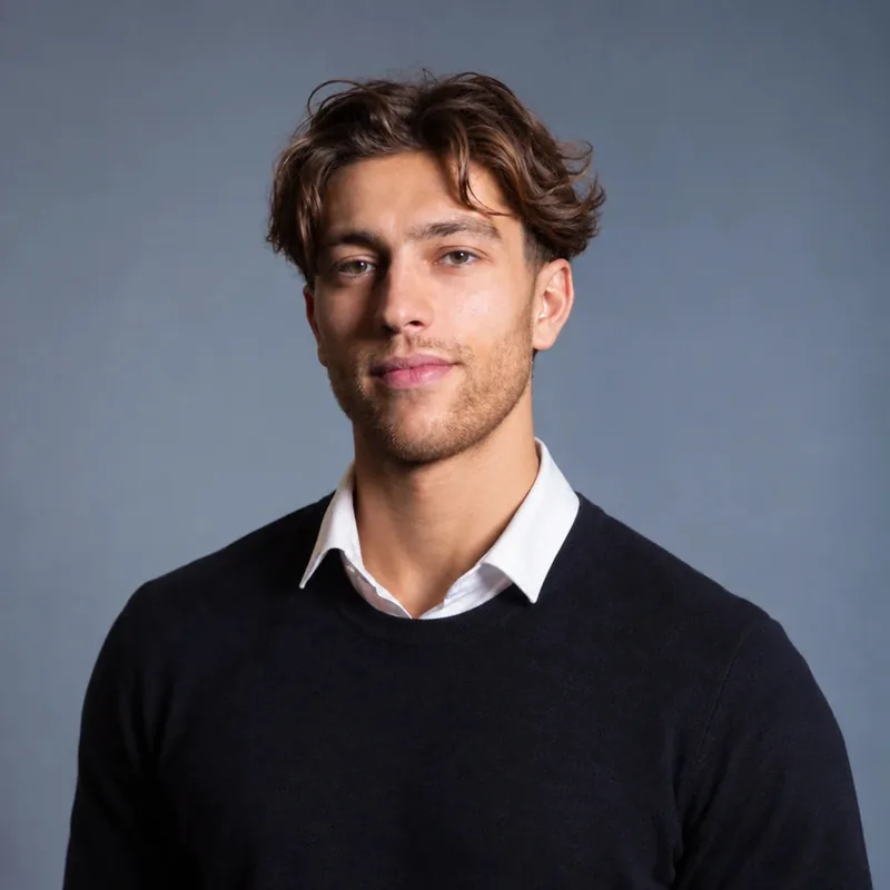 Portrait de Marius Grek, scientifique du sport spécialisé en nutrition sportive, en pull noir sur fond gris-bleu