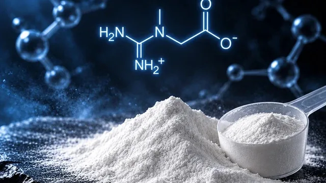 Illustration de l'article : formule chimique de la créatine au-dessus d'un tas de poudre de créatine monohydrate et d'une dosette