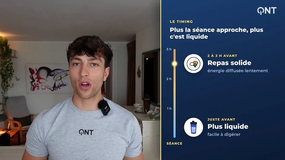 Image extraite de la vidéo : Marius Grek face caméra, à côté d'une figure expliquant que plus la séance approche, plus l'apport doit être liquide